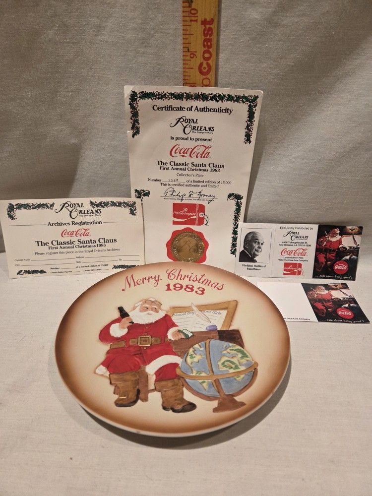 " Coca-Cola" * CHRISTMAS *  collector plate/ COA  " ROYAL ORLEANS " 7 3 /4"  #1366