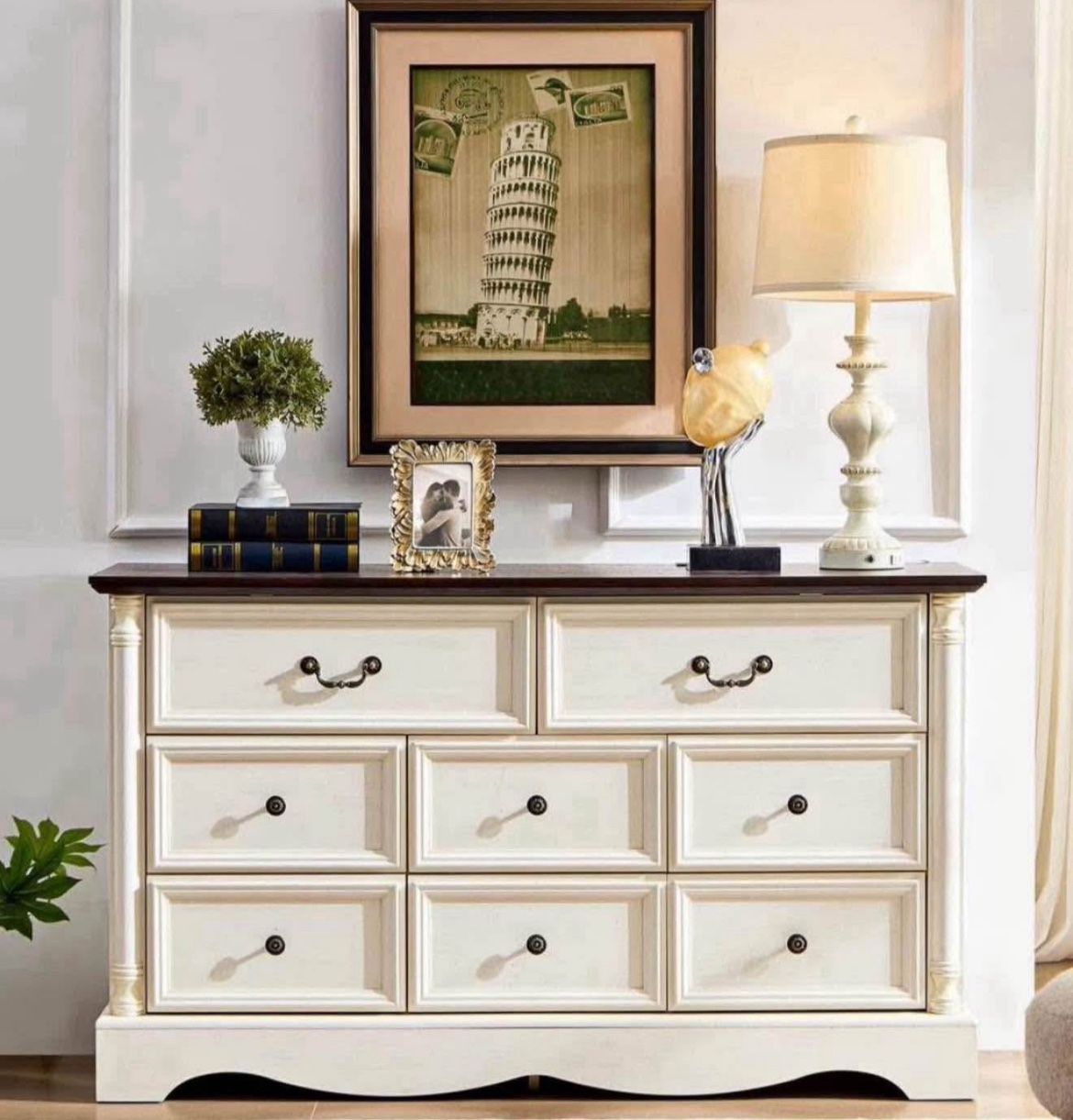 8 Drawers Dresser, 54" Wide Farmhouse Chest of Drawers with Charging Station, Distressed Finish Design, Modern Storage Dressers Organizer