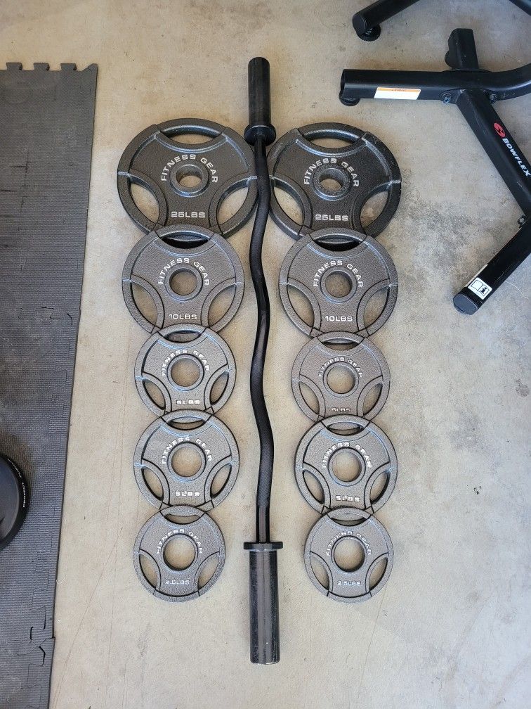 Olympic Weight Plates (2x25Lbs,2x10Lbs,4x5Lbs,2x2.5Lbs) and EZ Curl Bar for $130 Firm (WALNUT 91789)