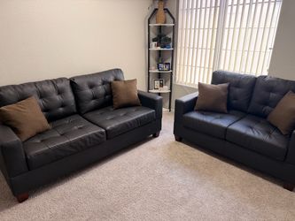 Black Faux Leather Sofa & Loveseat Set – Excellent Condition