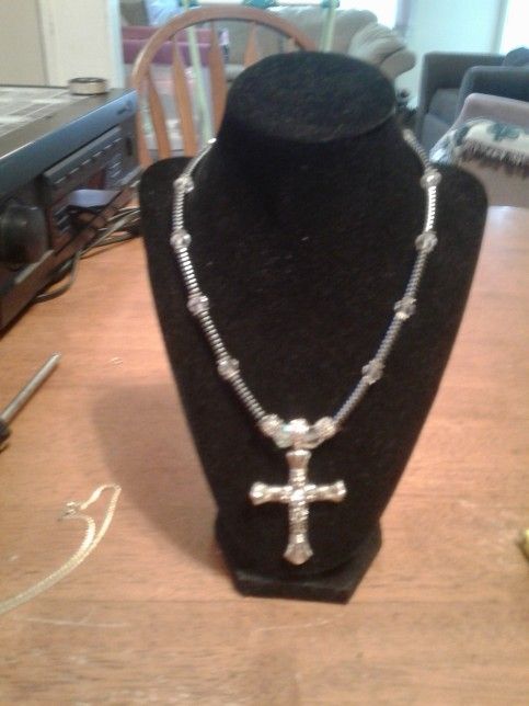 Cross, Silvertone With Metal Beads And Crystal's. 18" Chain, 2 3/4" Cross