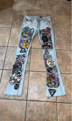 Light Wash Patchwork Men's Stacked Jeans with Multicolor Patches Sz 32