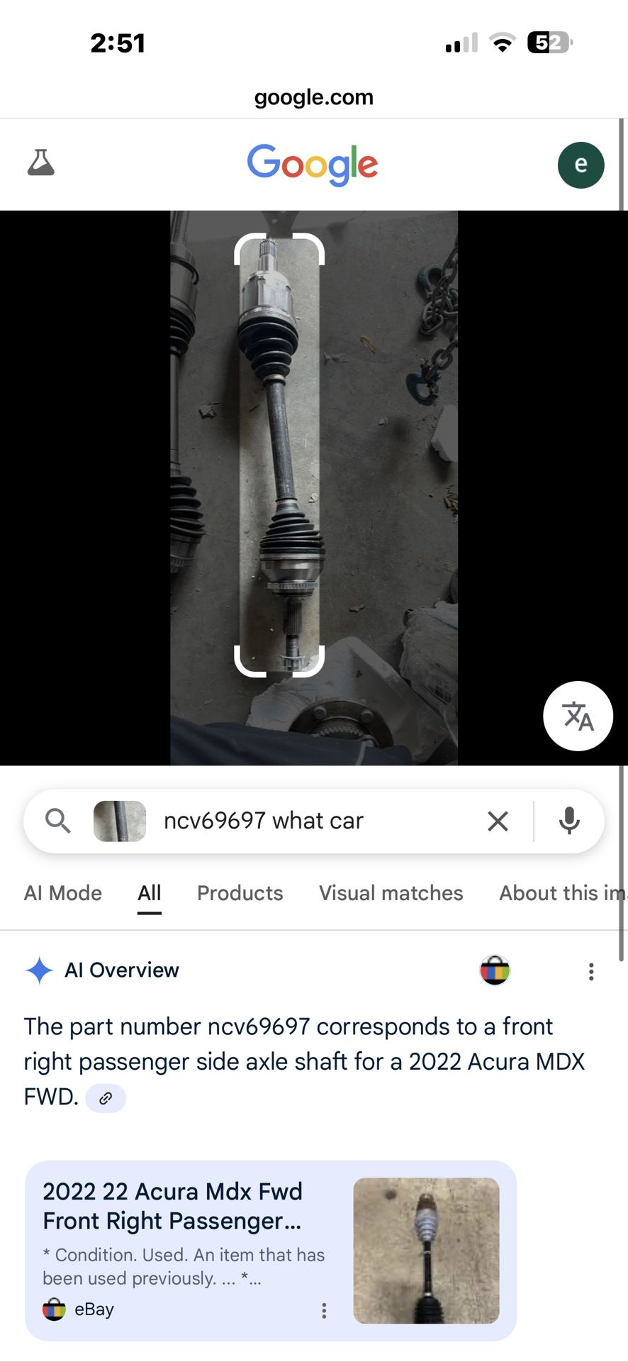 front right passenger side axle shaft for a 2022 Acura MDX FWD. @