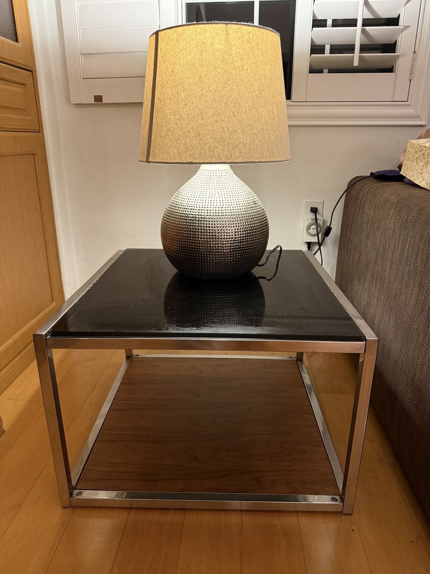 Beautiful Side/corner Table Made From Wood, Silver And Black Glass, Lamp Table 