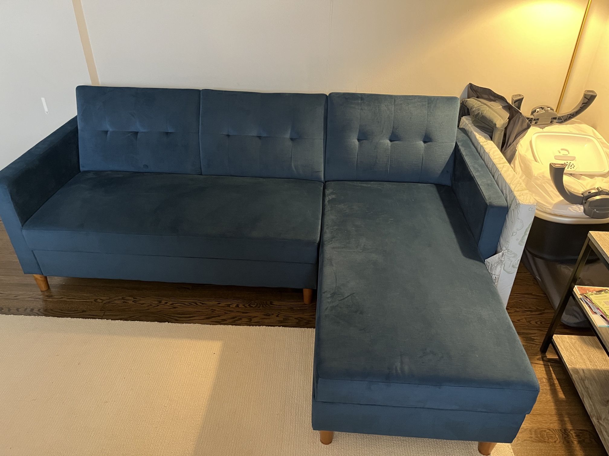 Blue Chenille, Sectional Futon with right/left Chaise and storage.