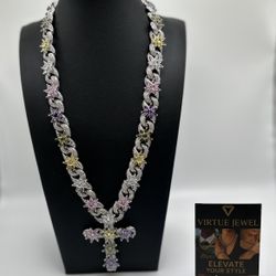 White Gold Plated Cross Silver Cross Purple Yellow Pink Flowers 