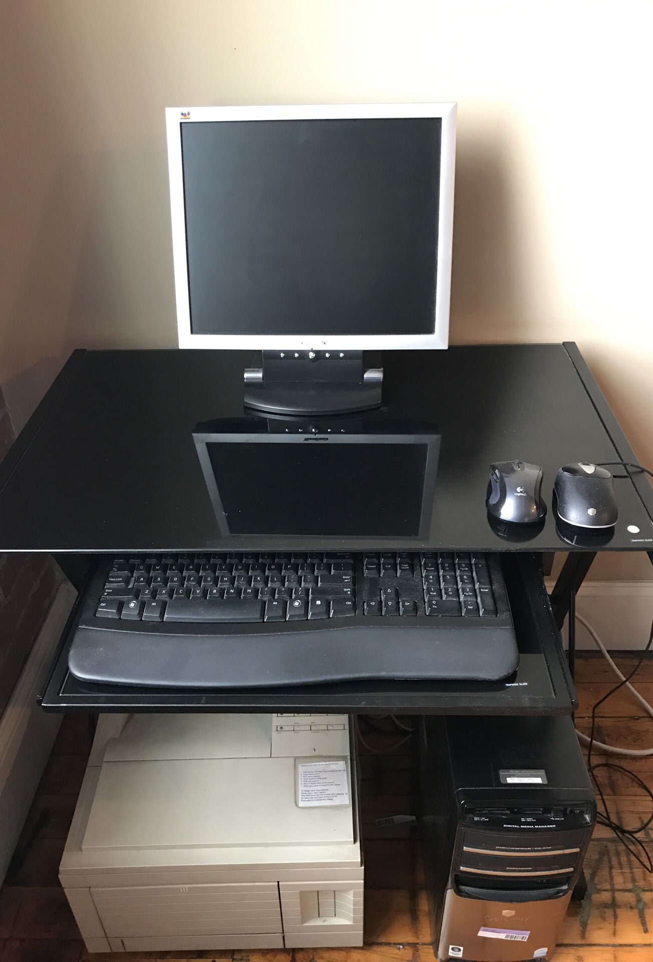 Computer desk, keyboard, monitor, HP LaserJet4, Gateway CPU and 2 mouse (one wireless)