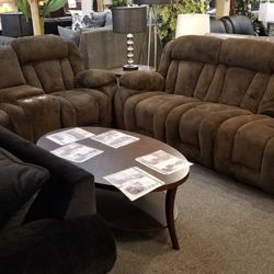 Brand New Brown Padded Fabric Manual Reclining Sofa + Loveseat 2PCs Set