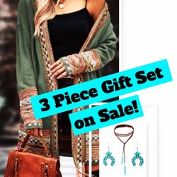 NEW Fringe Trim Duster Cardigan + Bohemian Turquoise Drop Earrings + Necklace Gift Set 