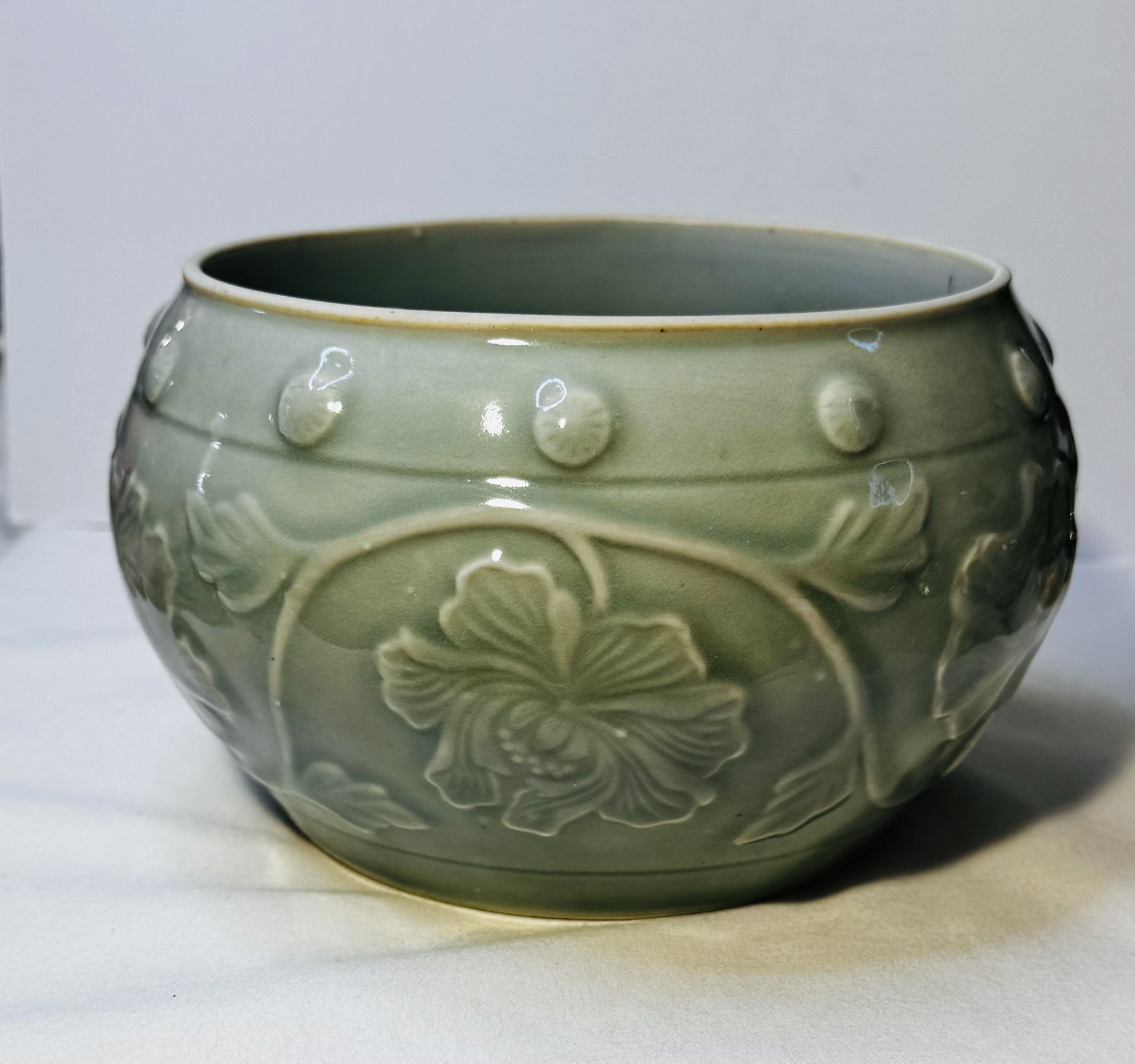 Vintage Celadon Porcelain Hibiscus Tureen Bowl w/ Makers Mark for Sale