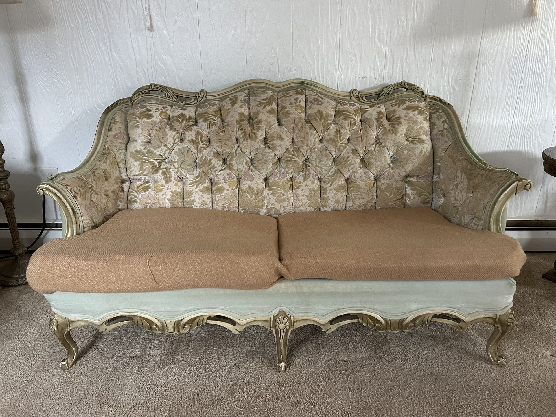 Gilt Antique Gold Tufted Living Room Set - Green, Turquoise, Gold Upholstery
