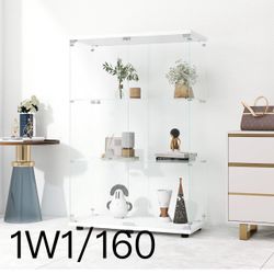 🔥49'' 3-Shelf Glass Display Cabinet With 2 Doors, Curio Case, 4mm Tempered Storage Cabinet, Showcase Floor Standing Bookshelf for Living Room Bedroom