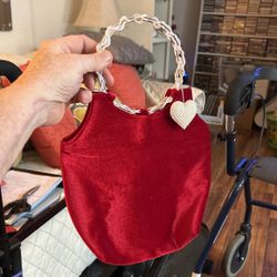 Victoria Secret Red Velvet Satchel Bag Purse Gift Bag Pearl Heart Charm Party