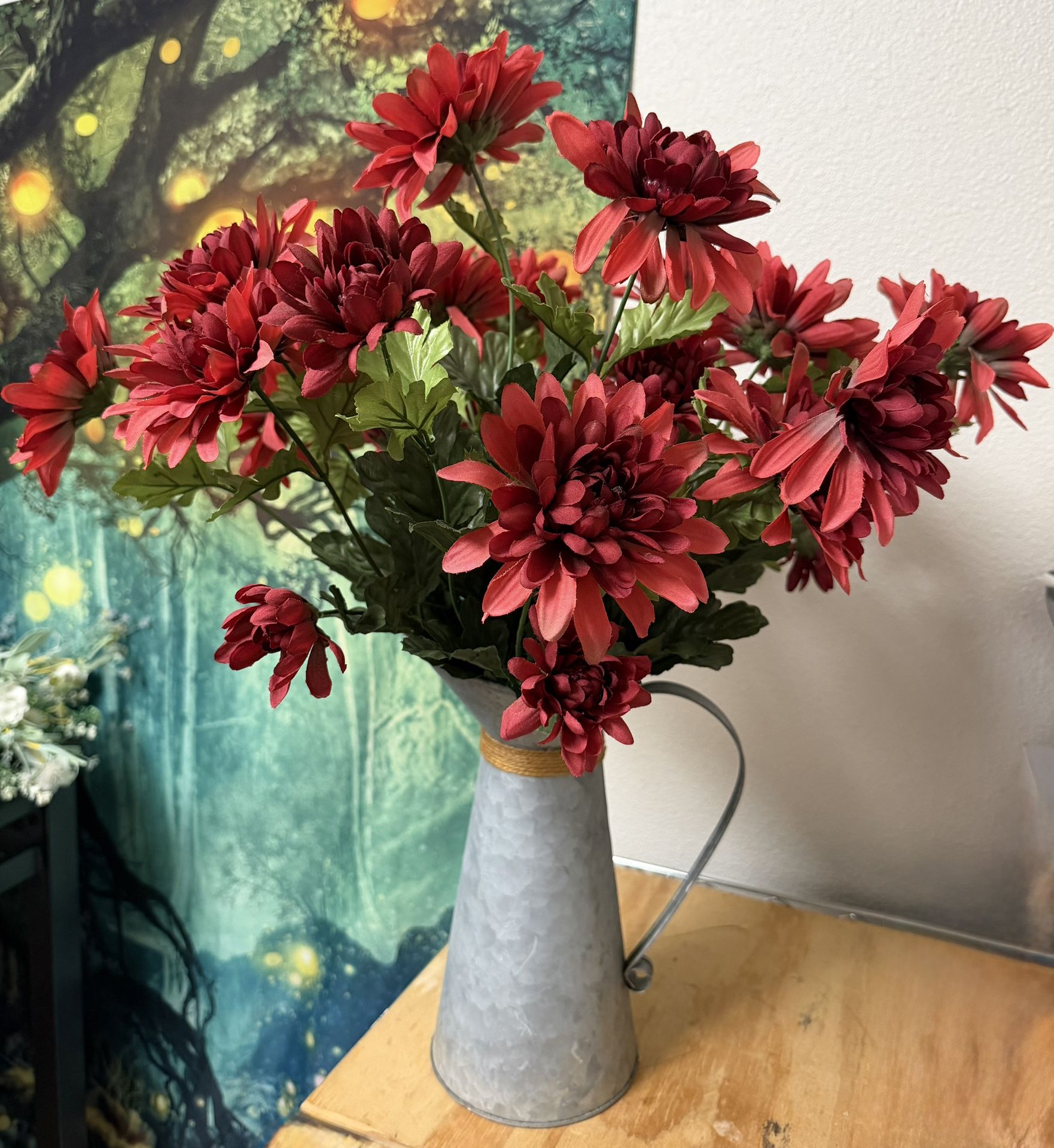 Cute Farmhouse Artificial Flower Arrangement with Pitcher Vase.