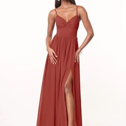 Terracotta A-Line V-Neck Pleated Chiffon Dress