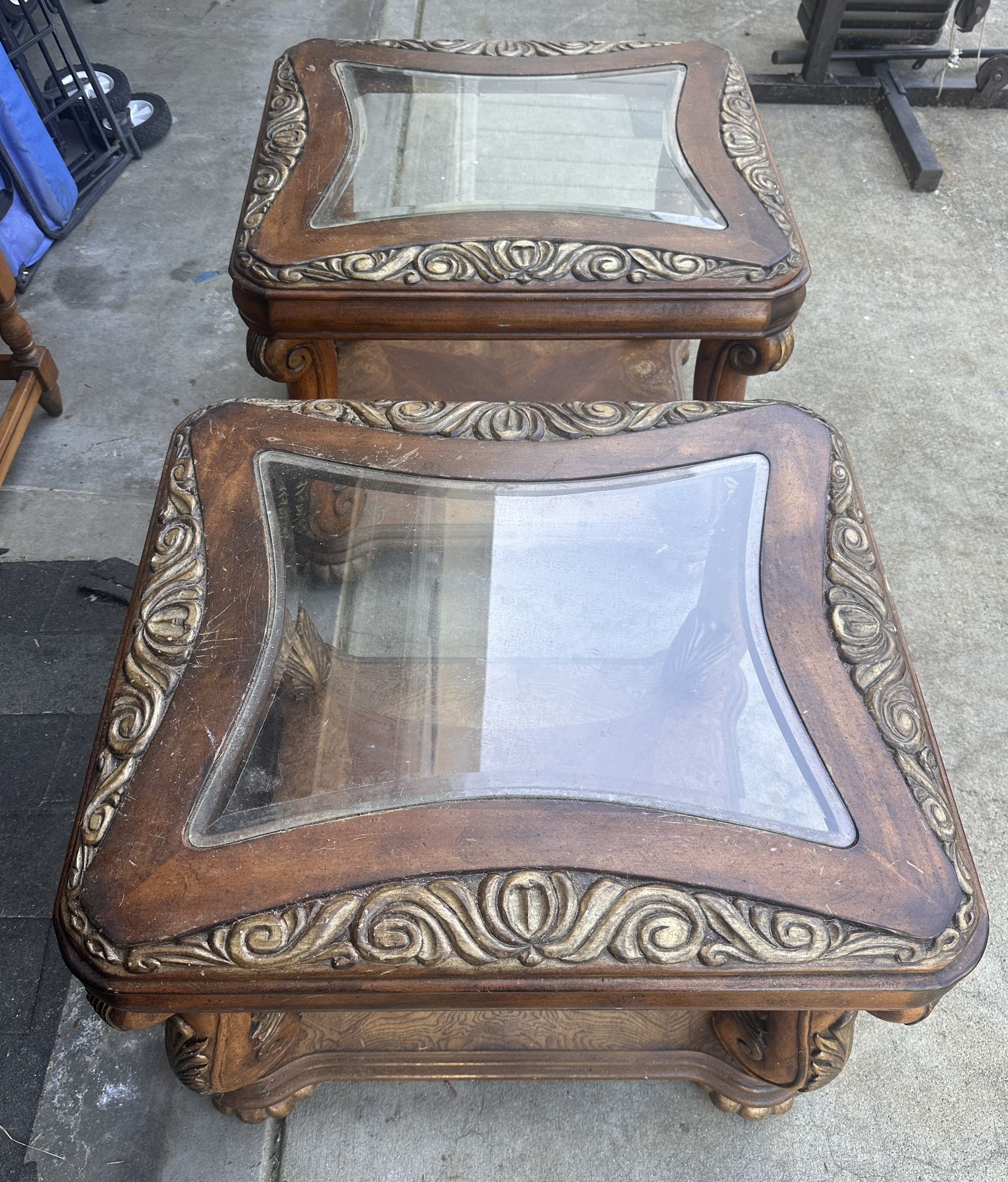 Set of 2 Decorative Wood End Tables w/ Glass Tops
