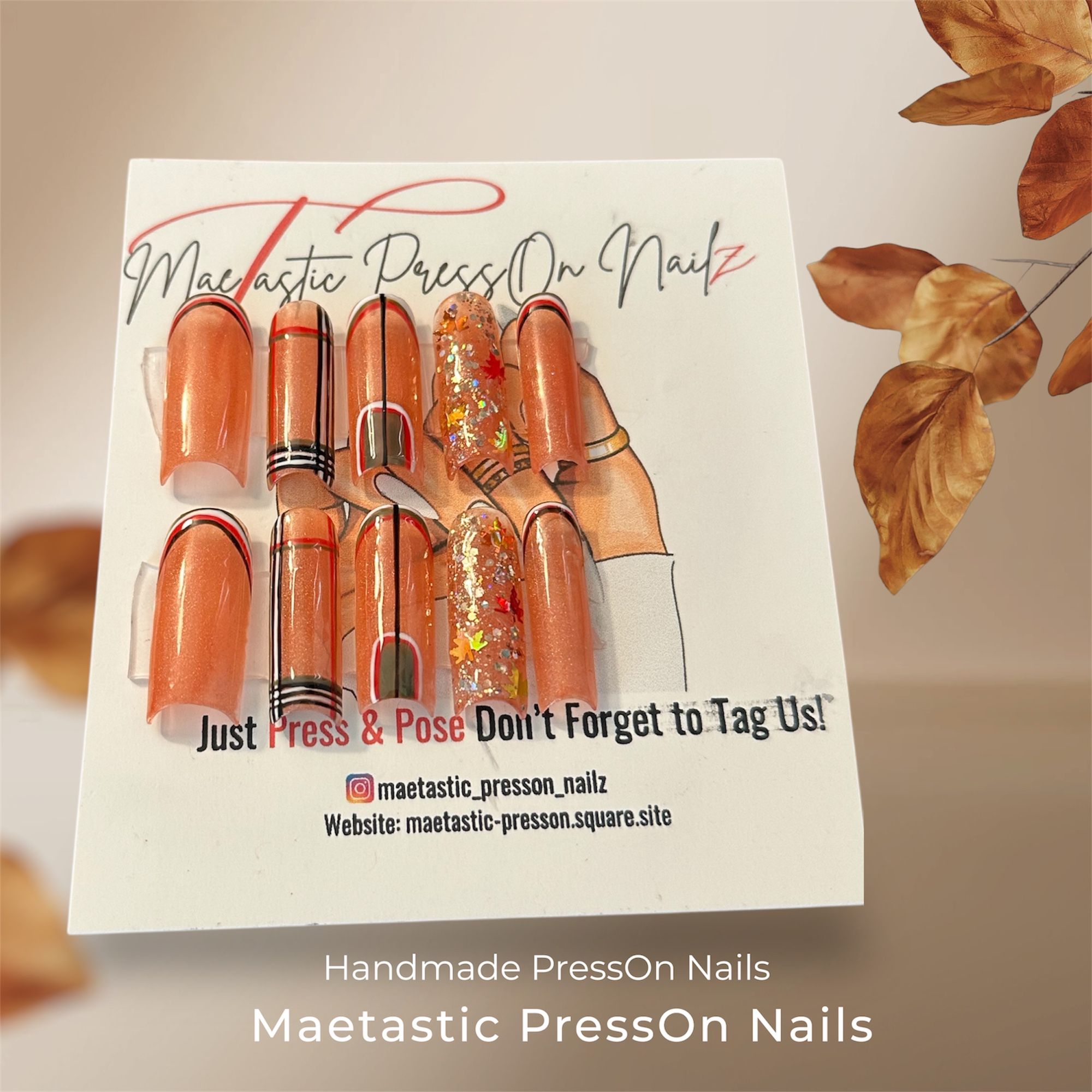 🍁 Fall Glow PressOn Set – Medium Size (Hard Gel)
