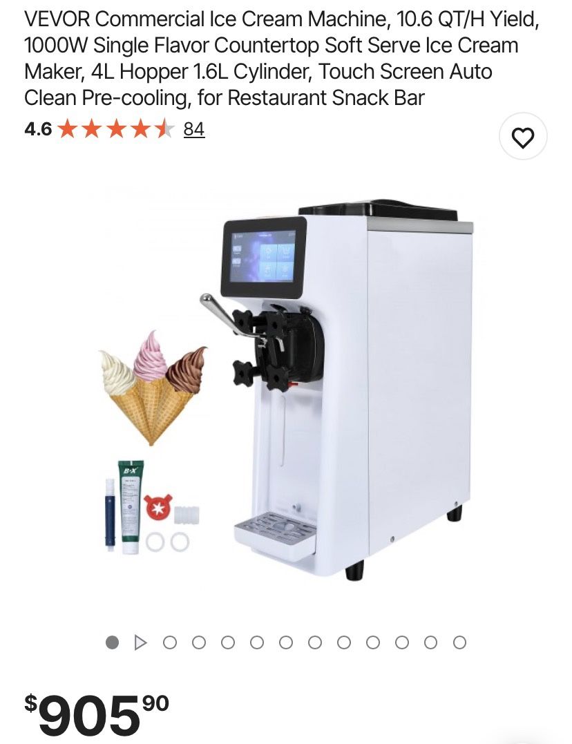 VEVOR Commercial Ice Cream Machine, 10.6 QT/H Yield, 1000W Single Flavor Countertop Soft Serve Ice Cream Maker, 4L Hopper 1.6L Cylinder, Touch Screen