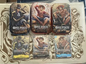 One piece tcg promo set of 3 cards & tins