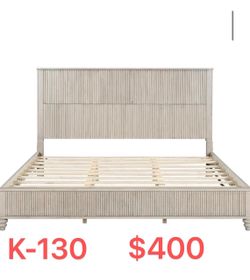 （K-130 ）King Solid Wood Panel Bed Warm Grain Mid-century Transitional Bedroom Frame