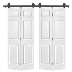 CALHOME 60 in. x 80 in. 6-Panel White Painted MDF Composite Double Bi-Fold Barn Door with Sliding Hardware Kit