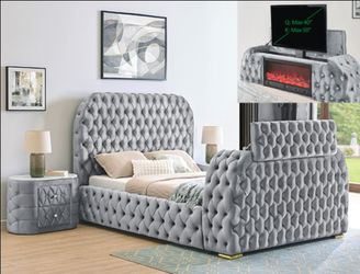 Brand New Grey Queen Bed Frame w Fireplace & TV Lift