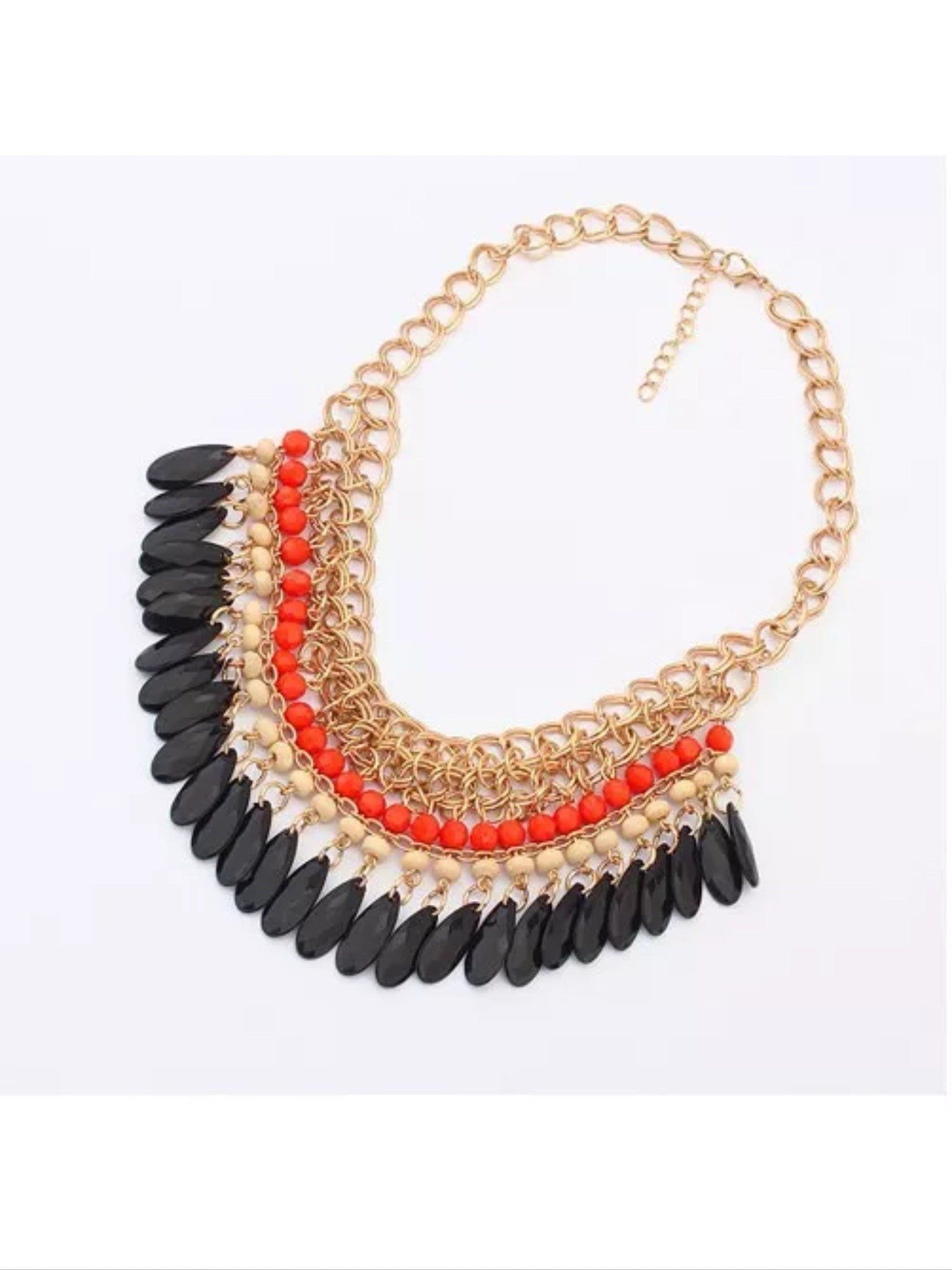 Orange, Black And Beige Bib Style Fringe Necklace