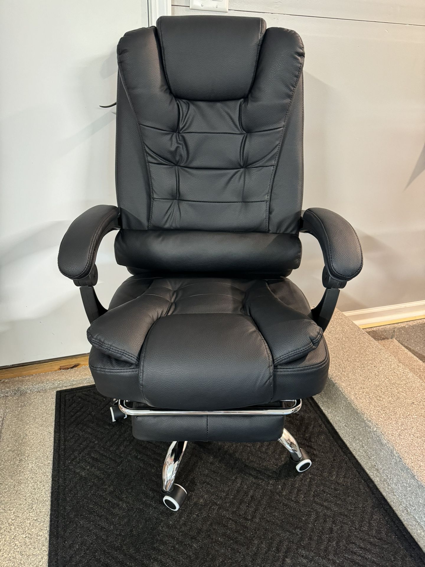 Brand New Black Bonded Leather Tall Back Plush Executive Reclining Office Chair w/Slide Out Footrest