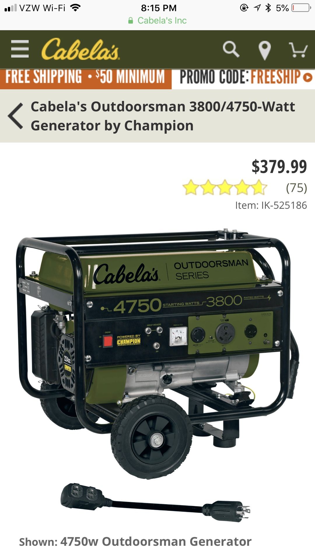 Cabela's Outdoorsman 3800/4750-Watt Generator by Champion