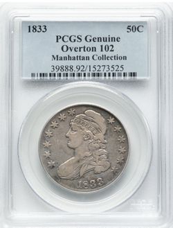 1833 Capped Bust 50C CENT O-102, R.1 Cleaned PCGS Genuine + 2 Free Wheat Pennie’s With Purchase.