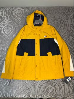 Tommy Hilfiger Mens X-Large Colorblock Hooded Puffer Jacket Yellow Vintage