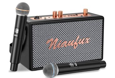 Karaoke Machine, Retro-Design Speaker with 2 Wireless Microphones for Adults & Kids, Portable Karaoke System for Home Party, Bluetooth/AUX/USB/TF/TWS 