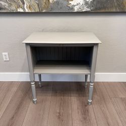 Antique Greige Desk Solid Wood Side Table w/ Storage Shelf & Pull Out Shelf- Fluted Legs