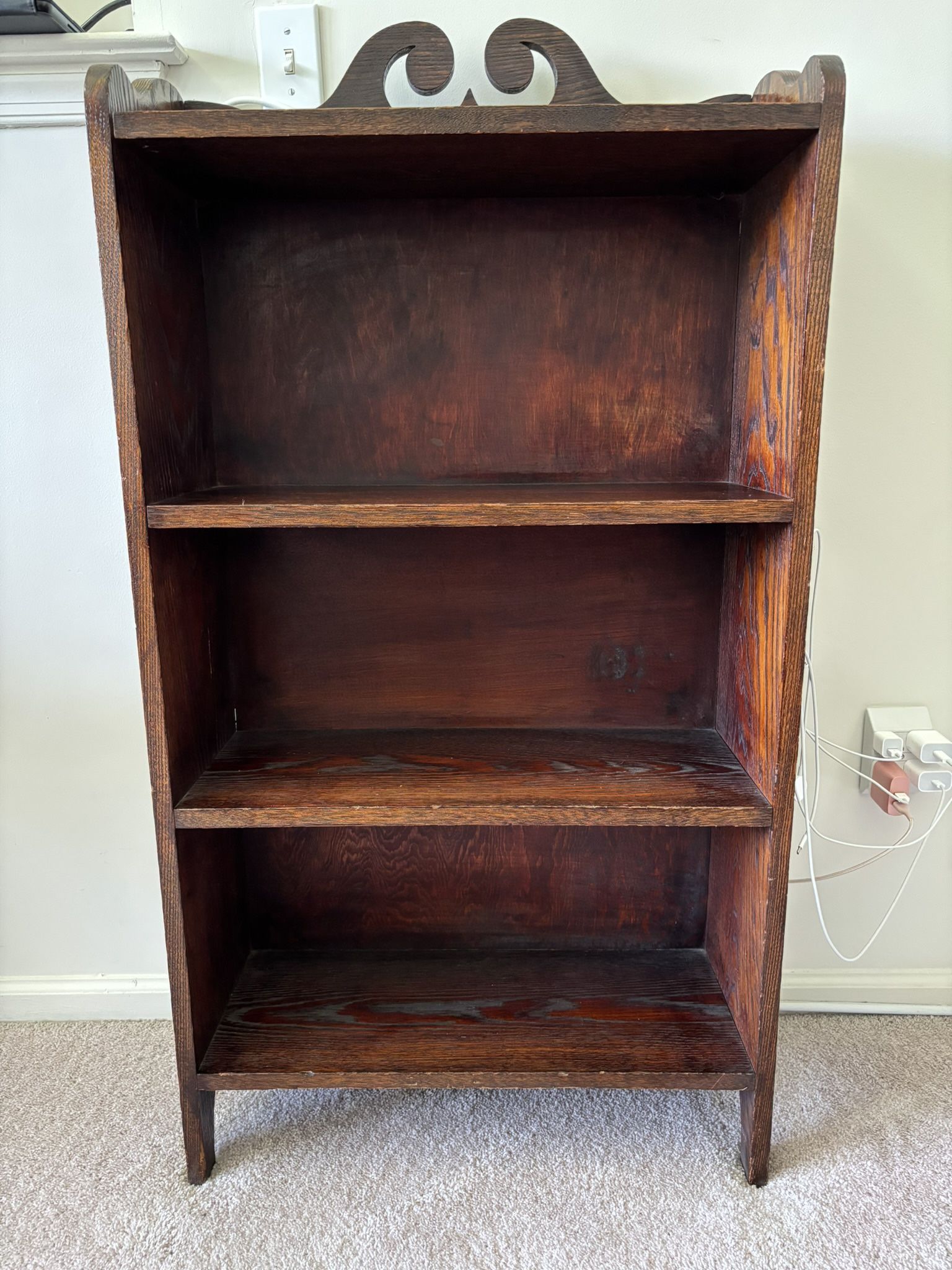 Vintage Antique Arts and Crafts Style Tiger Oak Bookcase, 4 shelves and decorative top, very good condition, 48” X 26”W X 10”D.