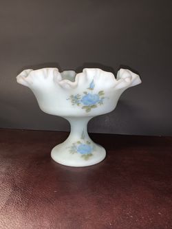 Vintage Fenton Blue Satin Art Glass Ruffle Hand Painted - Signed Compote Dish In Pedestal; beautiful