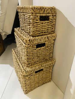 3 Canastos De Mimbre Con Tapas 