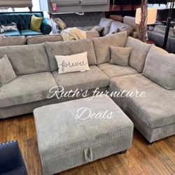 3-Pc Corduroy Sectional Sofa With Storage Ottoman 