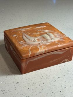 Vintage Genuine Pink Incolay Stone Jewelry Trinket Box Ocean Scene Sailboat Seagulls Made in USA