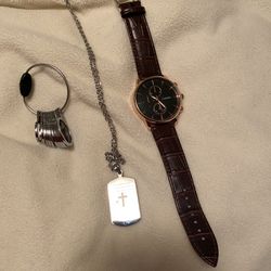 Watch, Ring Sizer, And Stainless Steel Cross Necklace