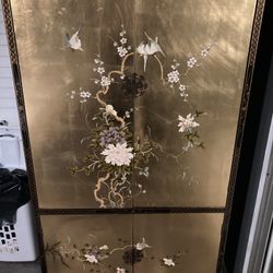 Vintage Asian Gold Lacquer Hand-Painted Cabinet / Armoire with Birds & Flowers
