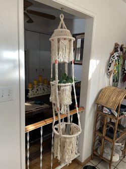 Vintage MCM Homemade Three Tier Macrame Plant Hanger