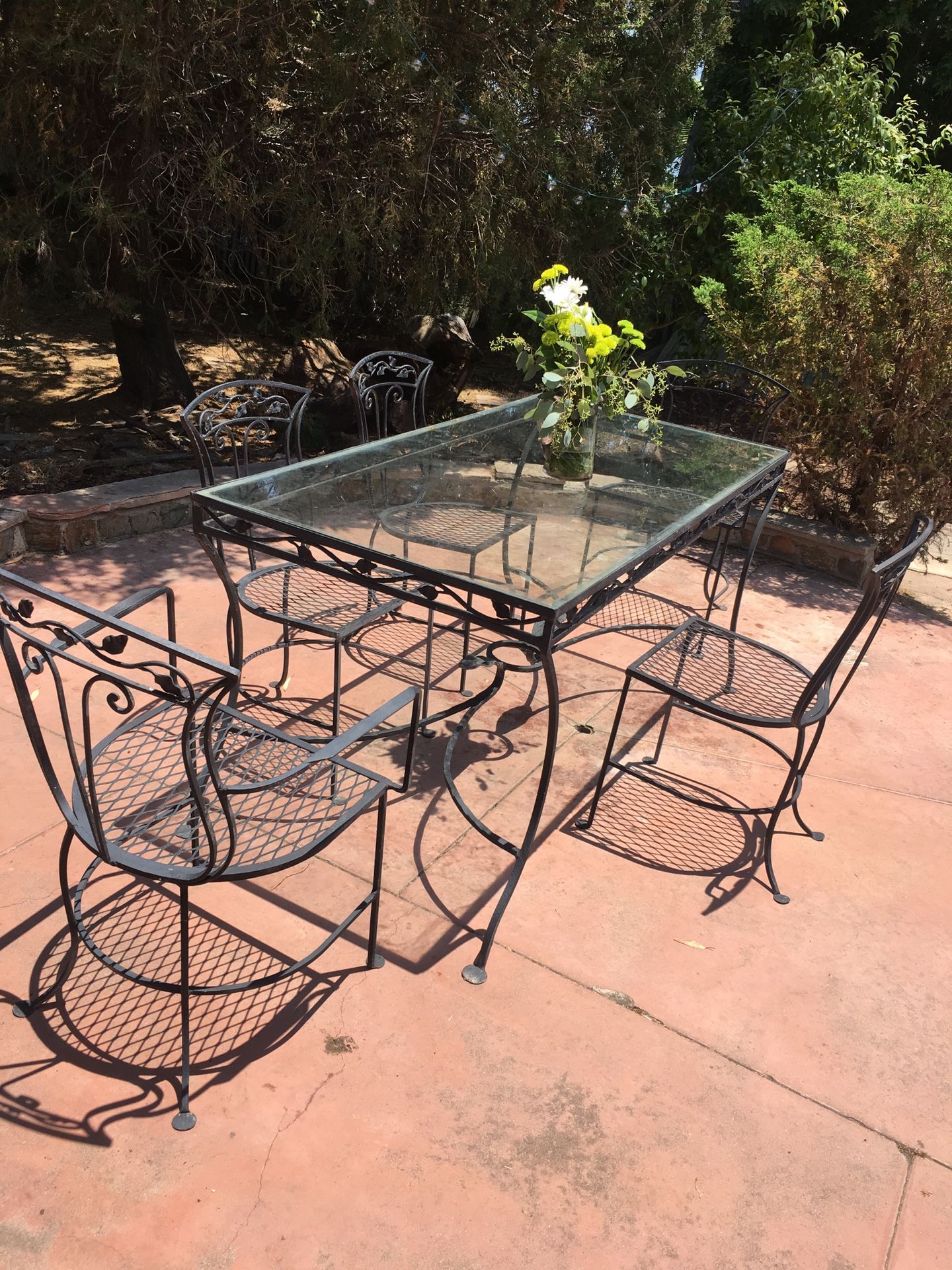 Wrought Iron with Glass Table Top Outdoor Set with 6 chairs