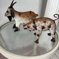 PIG & BILLY NANNY GOAT STATUES 2 FOR$30. Lawn Garden Coastal Beach Ocean. Beautiful Metal Yard Art Rooster Sculpture $30.  Throne Chair $500. 