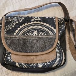 MYRA Blue-Gray Cotton Textile, Cowhide, & Tan Leather Crossbody Shoulder Bag