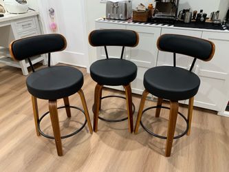 26'' Swivel Bar Stools Set of 3, Upholstered Faux Leather. Black