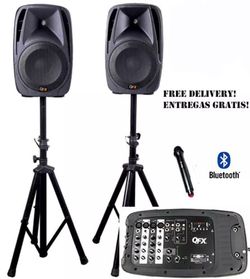 Dos bocinas 10”, mixer, tripies y micrófono // Bluetooth system with two 10” woofers & mixer
