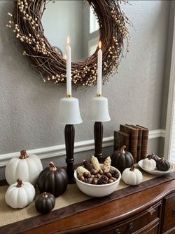 Pair Vintage Candlestick Table Lamps Dark Brown Base Frosted White Bell Shades