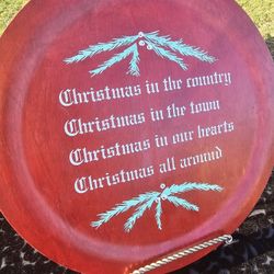 $25.00 - 1960s Christmas Wood Cookie Plate By Land Of Lakes!  Spectacular Message (Please Read In Description) + Twisted Iron Gold Easel!