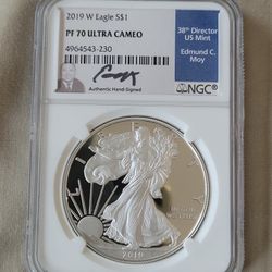 2019 W Silver Eagle PF 70 Ultra Cameo Signed By The 38 Director US Mint Edmond C Moy