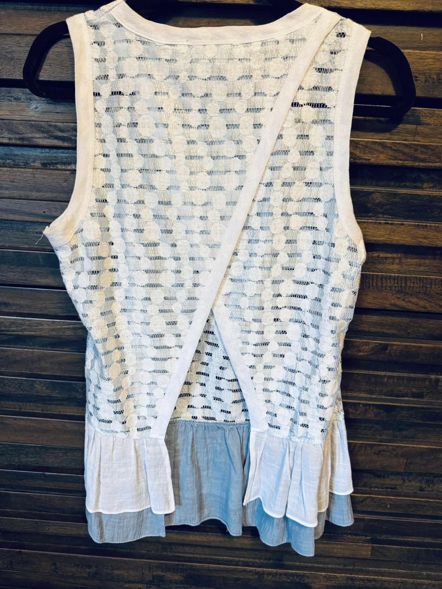 a'reve Lace Sheer Open Back Sleeveless Tank Top MED Bohemian Boho Ruffle Fairy